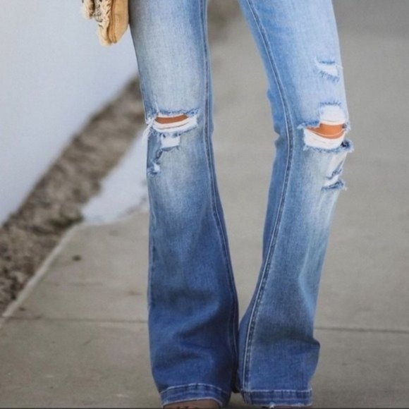 New Kan Can Distressed Button Fly Flare Leg Jeans - Picture 9 of 16